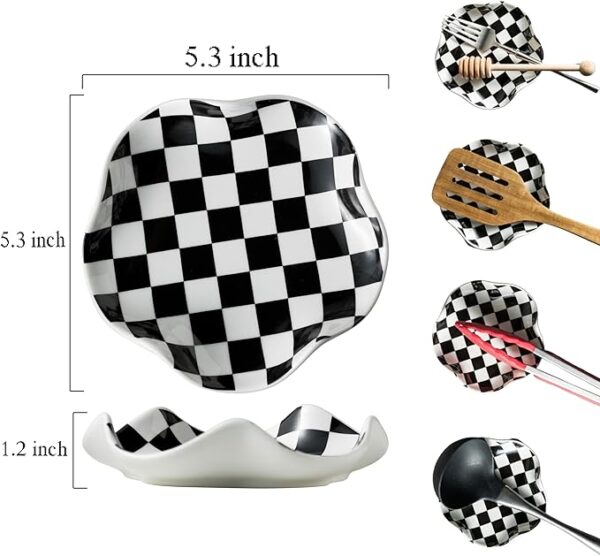 Ceramic Spoon Rest for Stove Top – 5.3in Checkered Utensil Holder for Kitchen or Coffee Bar | Housewarming Cooking Gift - Image 2