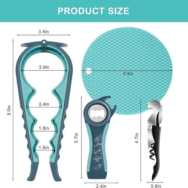 5-in-1 Jar Opener for Weak Hands – Multi-Function Bottle & Lid Opener with Non-Slip Gripper Pad & Corkscrew for Seniors with Arthritis (Blue) - Image 2