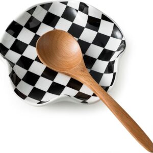 Ceramic Spoon Rest for Stove Top – 5.3in Checkered Utensil Holder for Kitchen or Coffee Bar | Housewarming Cooking Gift