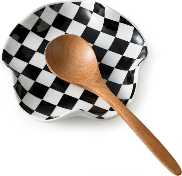 Ceramic Spoon Rest for Stove Top – 5.3in Checkered Utensil Holder for Kitchen or Coffee Bar | Housewarming Cooking Gift