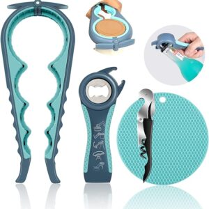 5-in-1 Jar Opener for Weak Hands – Multi-Function Bottle & Lid Opener with Non-Slip Gripper Pad & Corkscrew for Seniors with Arthritis (Blue)