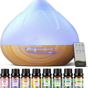 Aroma Diffuser with Essential Oils Set – 500ML Ultrasonic Diffuser with Remote, 14 Color Lights, 4 Timer Settings, Auto Shut-Off, Humidifier for Large Room