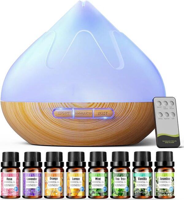 Aroma Diffuser with Essential Oils Set – 500ML Ultrasonic Diffuser with Remote, 14 Color Lights, 4 Timer Settings, Auto Shut-Off, Humidifier for Large Room
