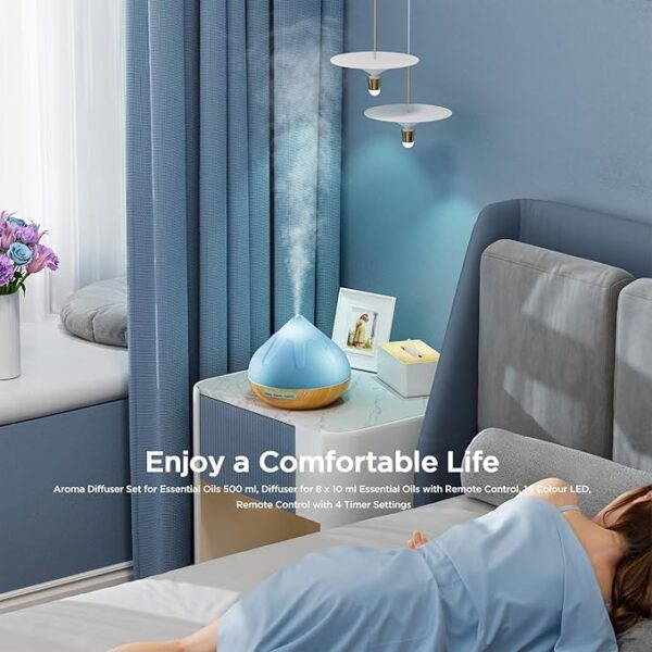 Aroma Diffuser with Essential Oils Set – 500ML Ultrasonic Diffuser with Remote, 14 Color Lights, 4 Timer Settings, Auto Shut-Off, Humidifier for Large Room - Image 3