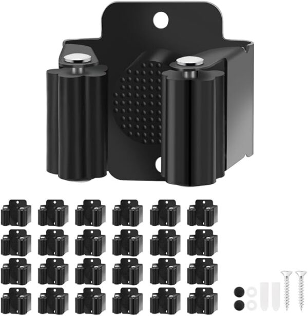 24PCS black stainless steel broom holder wall mount with screws – heavy duty wall organizer rack for mops, brooms, and garden or garage tools Image resources from Amazon