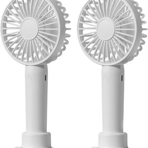 2-pack white portable handheld fans with USB recharge, 3 speeds, quiet motor, phone holder base, and long battery – ideal for indoor and outdoor cooling Image resources from Amazon