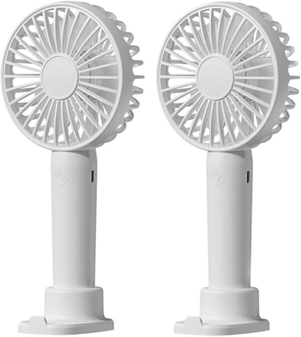 2-pack white portable handheld fans with USB recharge, 3 speeds, quiet motor, phone holder base, and long battery – ideal for indoor and outdoor cooling Image resources from Amazon
