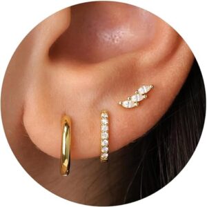 3 Pairs Gold Hoop Earrings Set – Dainty 14K Gold Plated Huggie, Stud & Dangle Earrings for Women – Hypoallergenic Jewelry Gift