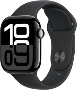 Apple Watch Series 10 with 42mm Jet Black aluminum case and black sport band – GPS smartwatch with ECG, fitness tracking, and water resistance Image resources from Amazon