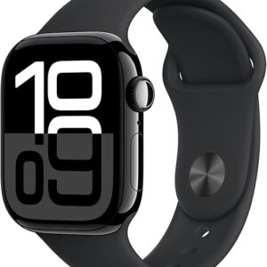 Apple Watch Series 10 with 42mm Jet Black aluminum case and black sport band – GPS smartwatch with ECG, fitness tracking, and water resistance Image resources from Amazon