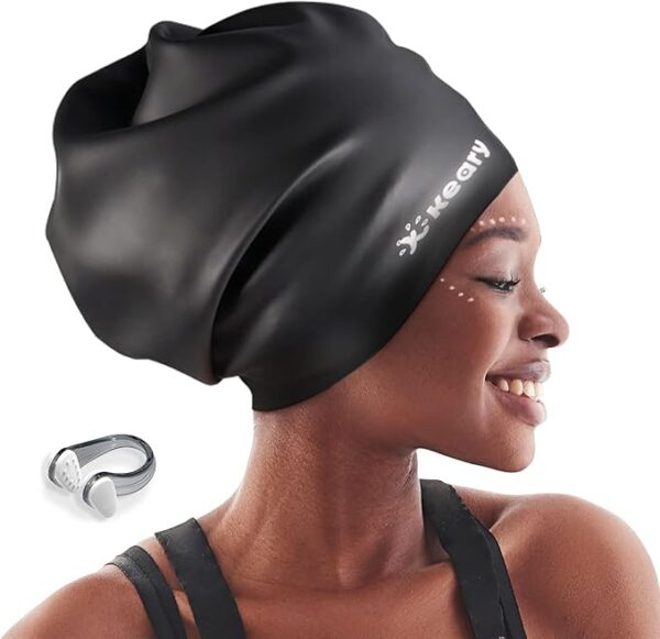 Keary extra large waterproof silicone swim cap designed for braids, dreadlocks, and long hair – ideal for adults and youth, easy to wear and keeps hair dry Image Source: Amazon