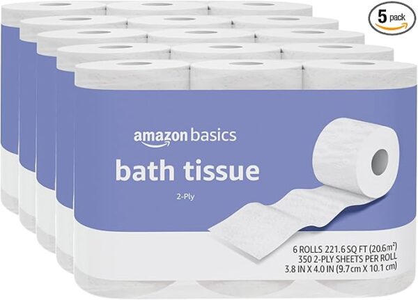 Amazon Basics 2-Ply toilet paper 30-pack – unscented bath tissue with 350 sheets per roll, soft and strong for everyday household use