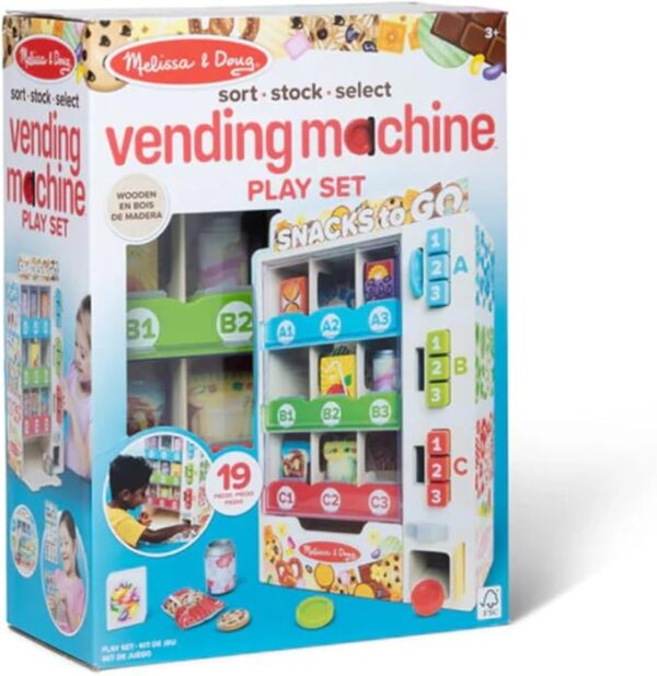 Melissa & Doug wooden vending machine play set – sort, stock, and select pretend food toy for boys and girls age 3 and up Image resources from Amazon