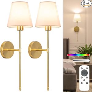 NIORSUN Battery Operated Wall Sconce Set – Gold Rechargeable Wall Lights with Remote, Dimmable 10-Color LED Bulbs for Bedroom, Living Room, Hallway (Set of 2)