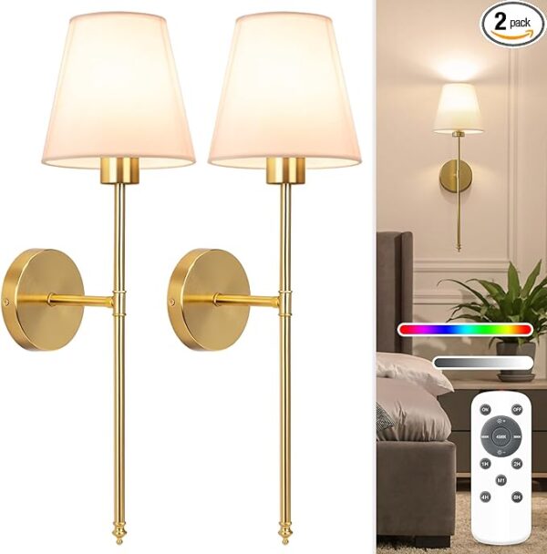 NIORSUN Battery Operated Wall Sconce Set – Gold Rechargeable Wall Lights with Remote, Dimmable 10-Color LED Bulbs for Bedroom, Living Room, Hallway (Set of 2)