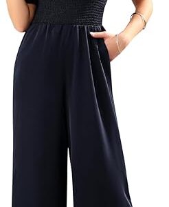 Love Welove dressy women’s jumpsuit – short sleeve romper with smocked high waist and wide-leg pants, stylish and loose-fitting for elegant events in the USA