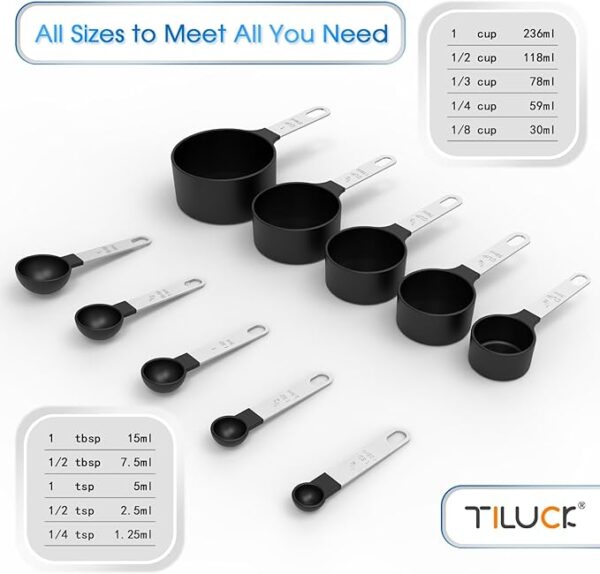 TILUCK Measuring Cups and Spoons Set – Stackable Black Nesting Kitchen Tools with Stainless Steel Handles for Cooking & Baking - Image 2