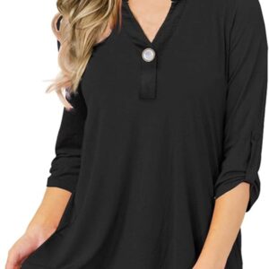LIENRIDY women's plus size V-neck Henley tunic blouse with 3/4 roll sleeves in sizes M to 4X – casual and stylish USA fashion pick