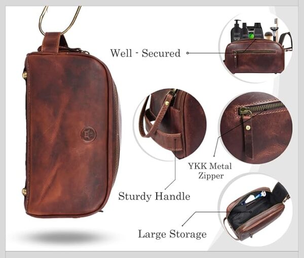 10" Premium Leather Toiletry Travel Pouch with Waterproof Lining | King-Size Vintage Dopp Kit by Aaron Leather Goods – Dark Brown - Image 2