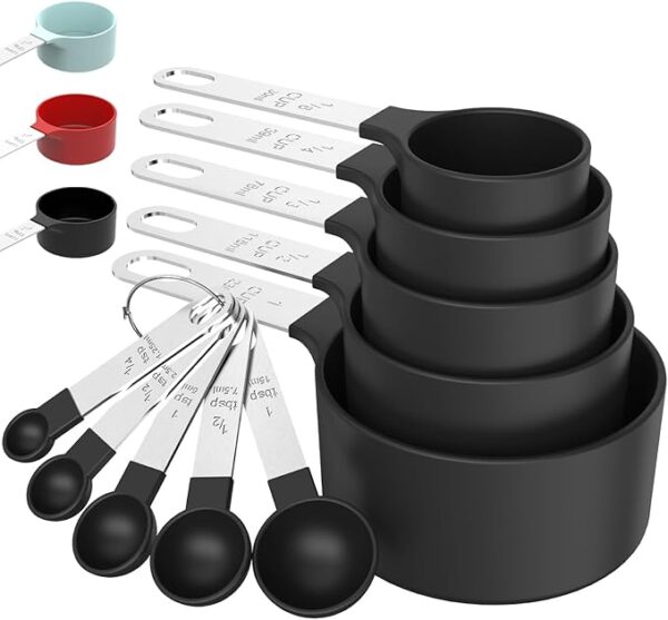 TILUCK black stackable measuring cups and spoons set with stainless steel handles, nesting design ideal for accurate cooking and baking Image Source: Amazon