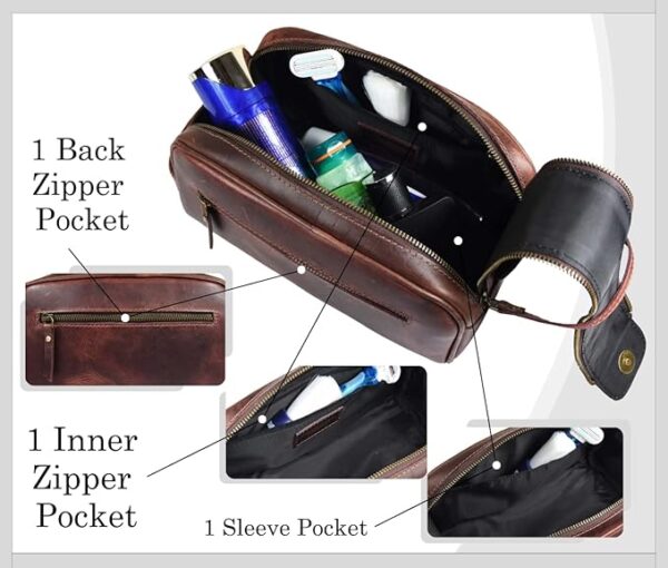 10" Premium Leather Toiletry Travel Pouch with Waterproof Lining | King-Size Vintage Dopp Kit by Aaron Leather Goods – Dark Brown - Image 3