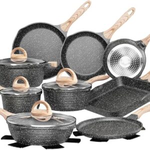 JEETEE 23-piece gray granite nonstick pots and pans cookware set with griddle, crepe pan, and induction-ready base – PFOA-free for healthy cooking Image Source: Amazon