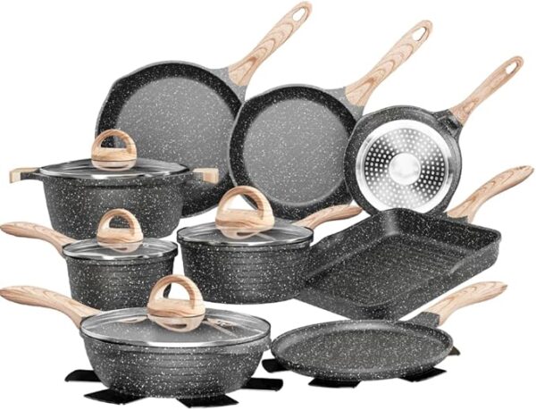 JEETEE 23-piece gray granite nonstick pots and pans cookware set with griddle, crepe pan, and induction-ready base – PFOA-free for healthy cooking Image Source: Amazon