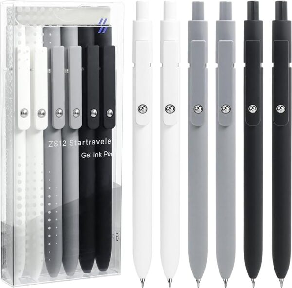 6 Pcs Quick-Dry Gel Pens Set – 0.5mm Fine Point Black Ink Pens for Smooth Writing, Office & School Supplies (Black, White, Grey, Silver)
