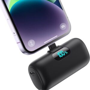Small 5000mAh portable charger for iPhone in black – mini fast charging power bank with PD output, compatible with iPhone 6 to iPhone 14 series Image resources from Amazon