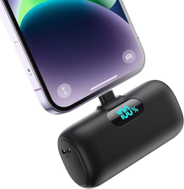 Small 5000mAh portable charger for iPhone in black – mini fast charging power bank with PD output, compatible with iPhone 6 to iPhone 14 series Image resources from Amazon