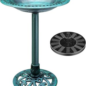 VIVOHOME Polyresin Antique Green Garden Bird Bath with Solar Powered Fountain – Outdoor Round Pond Combo Set for Backyard Decor & Bird Watching
