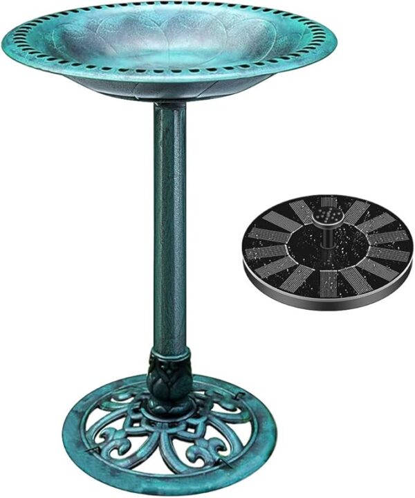 VIVOHOME Polyresin Antique Green Garden Bird Bath with Solar Powered Fountain – Outdoor Round Pond Combo Set for Backyard Decor & Bird Watching