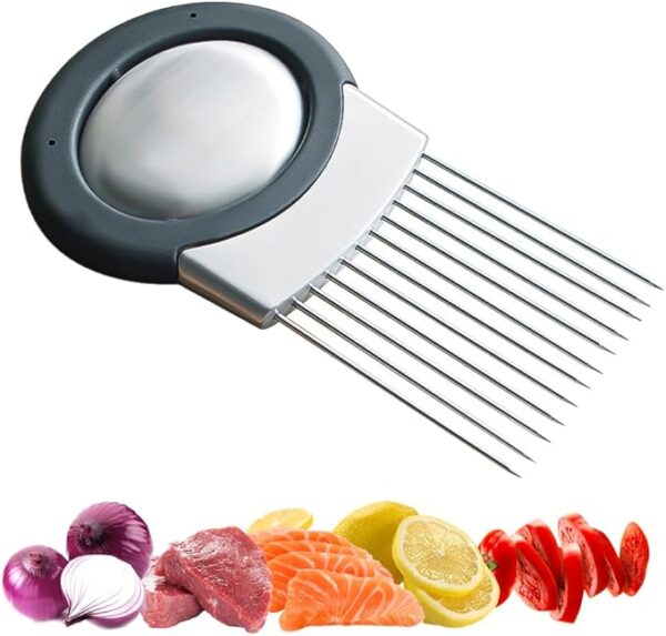 2025 upgraded onion holder for slicing – stainless steel kitchen tool for cutting onions, tomatoes, and potatoes evenly Image resource from Amazon