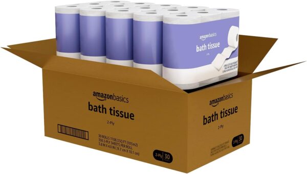 Amazon Basics 2-Ply Toilet Paper – 30 Mega Rolls (Equals 120 Regular Rolls), 350 Sheets Per Roll, Unscented – Soft & Strong Bath Tissue - Image 3