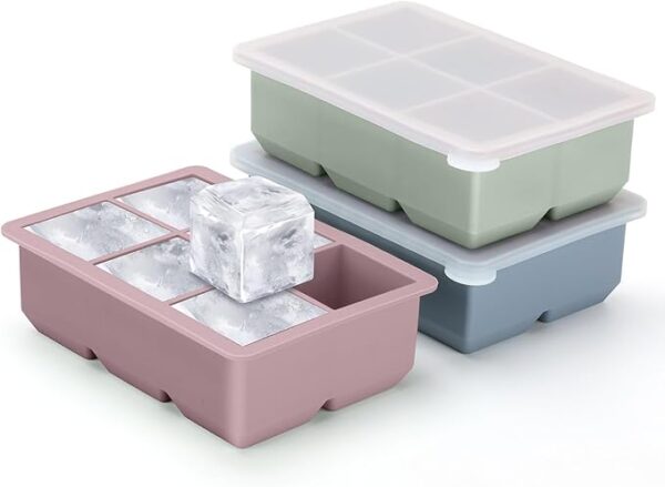 3-pack BPA-free silicone ice cube trays with leakproof removable lids – large square flexible molds for cocktails, whiskey, and stackable freezer storage Image Source: Amazon