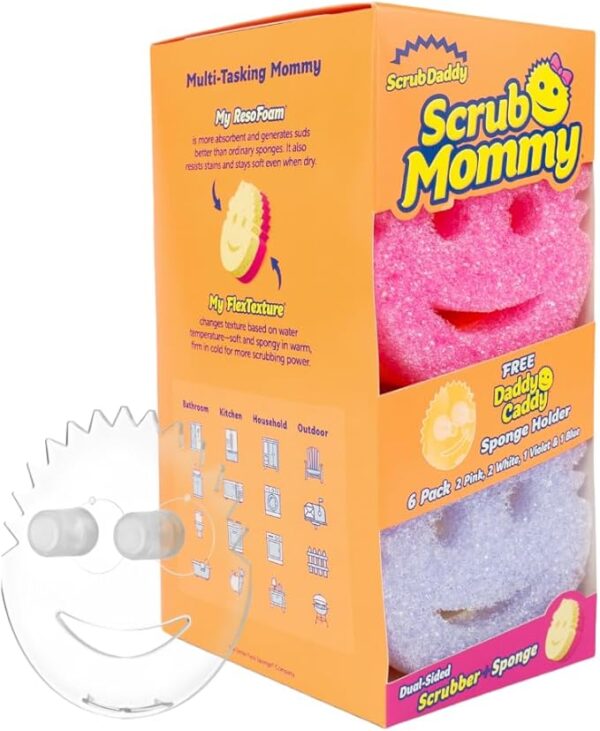 Scrub Daddy 6-Pack Scrub Mommy Sponges + 1 Daddy Caddy Holder – Scratch-Free, Multipurpose Kitchen Sponges – BPA-Free, Odor & Stain Resistant