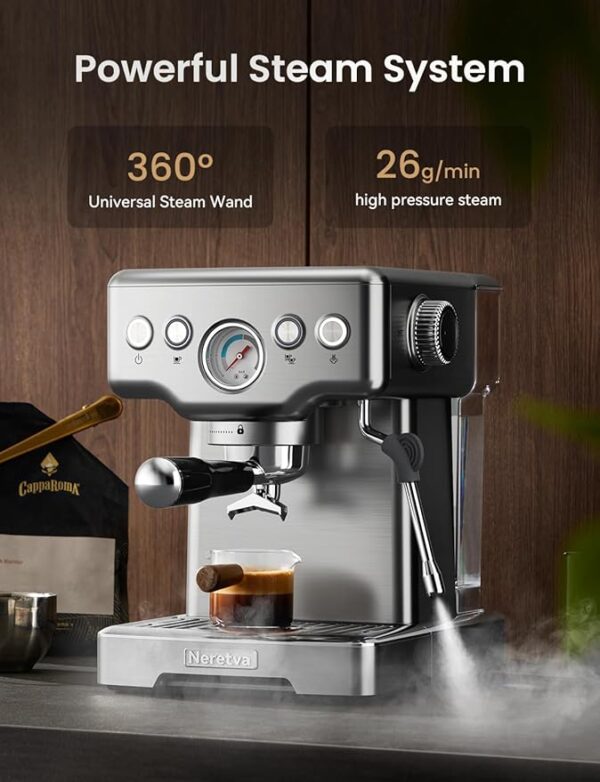 Neretva 15-Bar Espresso Machine with Milk Frother & Pressure Gauge – Silver - Image 3