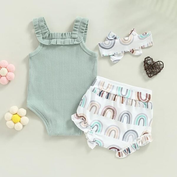 FHUTPW Baby Girl Summer Outfit – Cute Spaghetti Strap Romper & Floral Shorts Set for 3–18 Months - Image 3