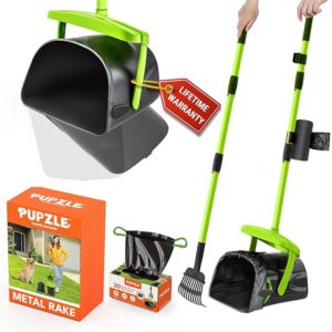 "Dog pooper scooper with long 40-inch handle, large swivel bin and rake, shown with 25 refill waste bags – ideal for yard cleanup and large dogs."