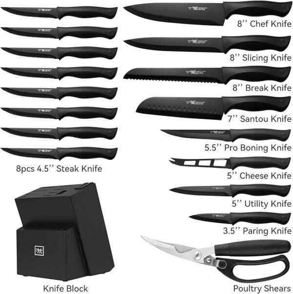 HUNTER.DUAL 19-Piece Kitchen Knife Set with Block – Self-Sharpening, Dishwasher Safe, Anti-Slip Handle (Black) - Image 5