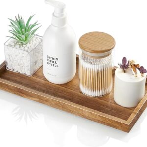 ALELION 11.7" acacia wood vanity tray on bathroom counter holding perfume, soap dispenser, and decor items – ideal for toilet tank or kitchen countertop use. Image source from Amazon