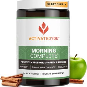 ACTIVATEDYOU Morning Complete daily greens superfood drink with probiotics, prebiotics, and antioxidants for gut health – 30 servings, apple cinnamon flavor Image Source: Amazon