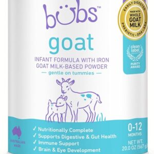 Bubs Whole Goat Milk Infant Formula with Iron – non-GMO powder for babies 0–12 months, 20 oz container designed for gentle digestion and infant health in the USA