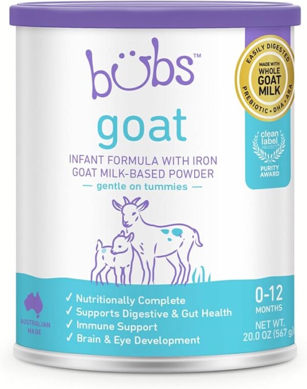 Bubs Whole Goat Milk Infant Formula with Iron – non-GMO powder for babies 0–12 months, 20 oz container designed for gentle digestion and infant health in the USA