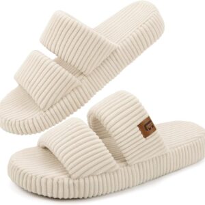 LongBay women’s open-toe slippers with memory foam and dual straps – soft and comfy slip-on house shoes for indoor bedroom use Image resources from Amazon