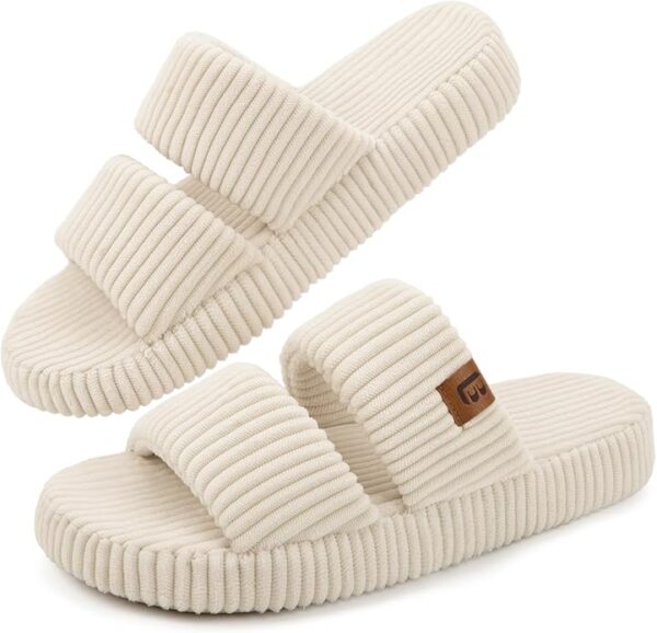 LongBay women’s open-toe slippers with memory foam and dual straps – soft and comfy slip-on house shoes for indoor bedroom use Image resources from Amazon