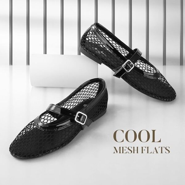Ankis women’s black mesh ballet flats with buckle strap – breathable Mary Jane style fishnet flats for dressy summer looks