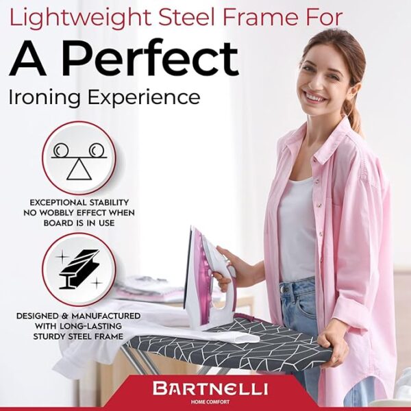 Bartnelli Ironing Board 13x43 – Adjustable Height, Folding Iron Board with Reinforced Steel Legs, 4-Layer Padding & Patent Space-Saving Design (BIBT-2110) - Image 3