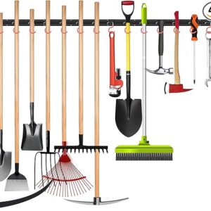 64-inch all-metal wall-mounted garden tool organizer with 4 rails and 16 hooks – ideal garage storage rack for yard tools, brooms, mops, shovels, and rakes Image resources from Amazon