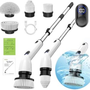 TUYU cordless electric spin scrubber with LCD display, adjustable handle, and waterproof IPX7 body – ideal for cleaning bathrooms, showers, tubs, and walls